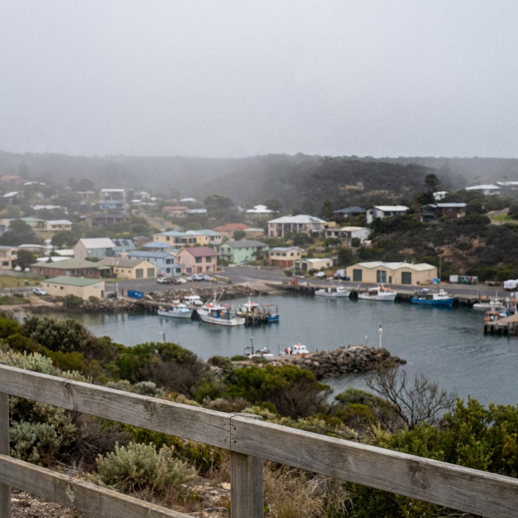 misty harbour from a coastal lookout