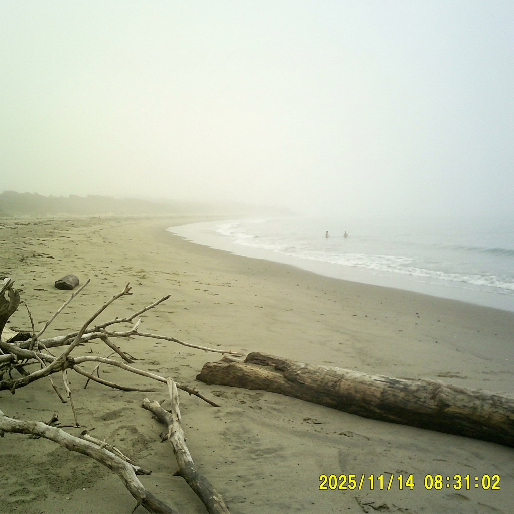 foggy beach with driftwood