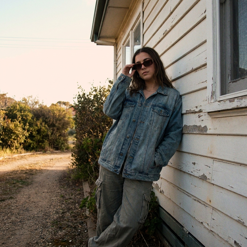 person in denim beside a weatherboard house